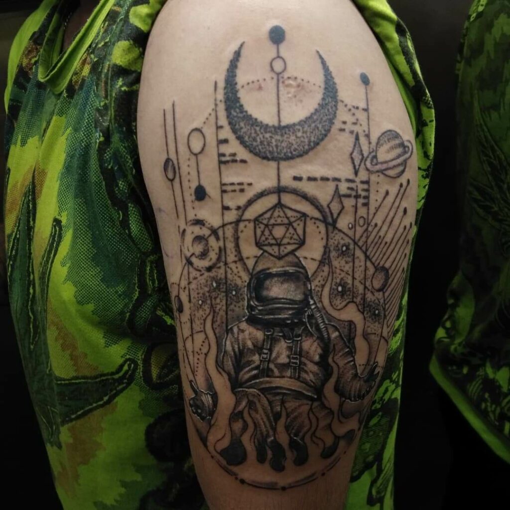 12+ Geometric Half Sleeve Tattoo Ideas To Inspire You! 15 Geometric Astronaut Half Sleeve Tattoo