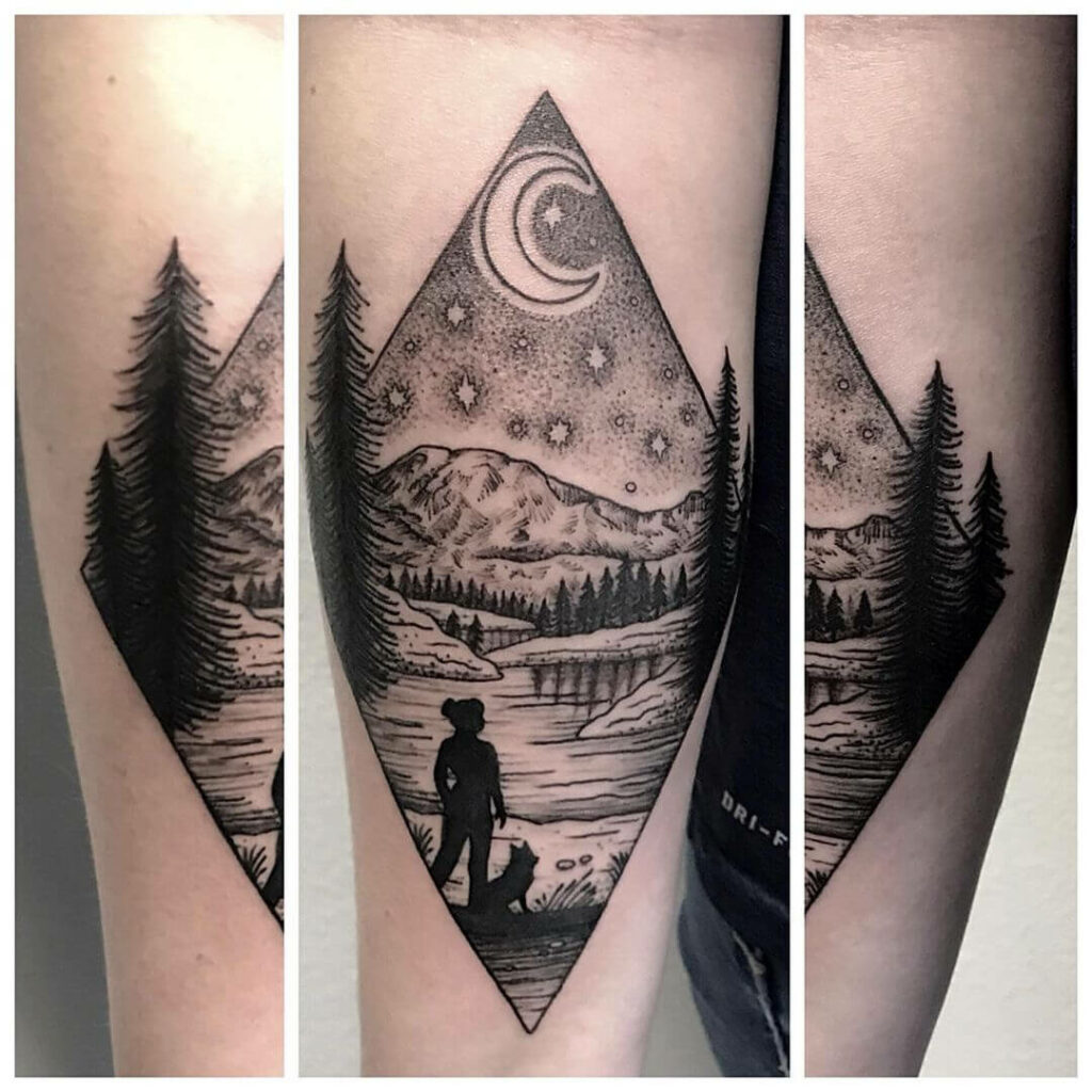 12+ Hiker Tattoo Ideas To Inspire You! 12 Geometric Blackwork Hiker And Dog Tattoo