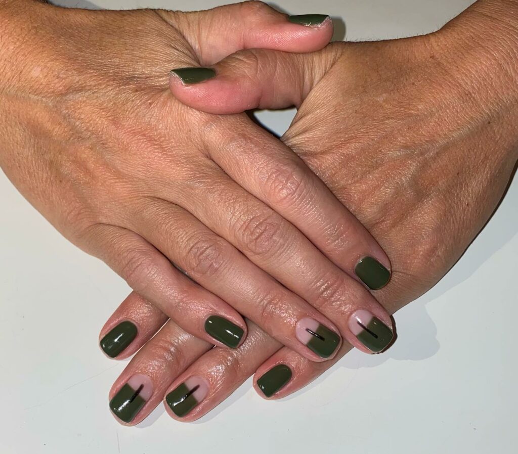 Explore 44 Olive Green Nail Designs in 2024 37 Geometric Precision Olive Green's Structural Dance