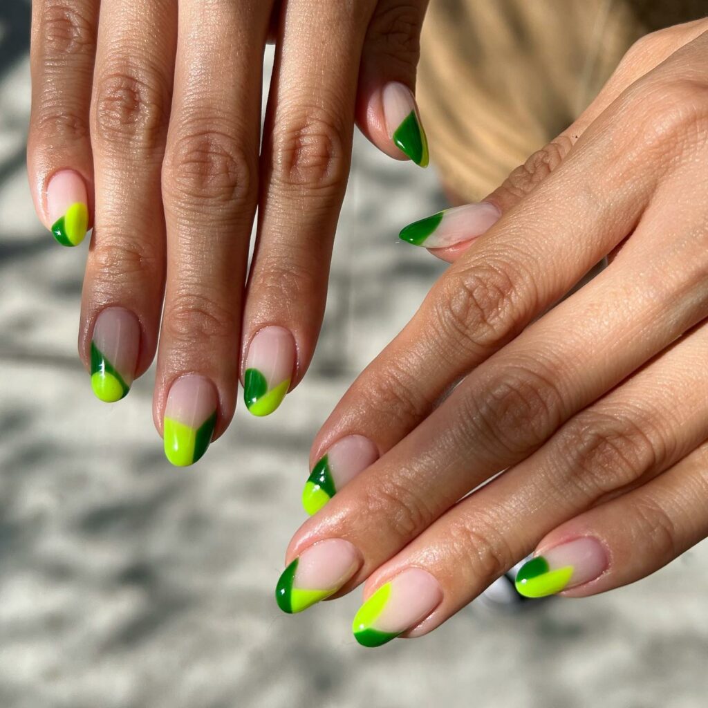 Try in 2024: 50 Latest Neon Green Nail Designs 24 Geometry neon green french nails