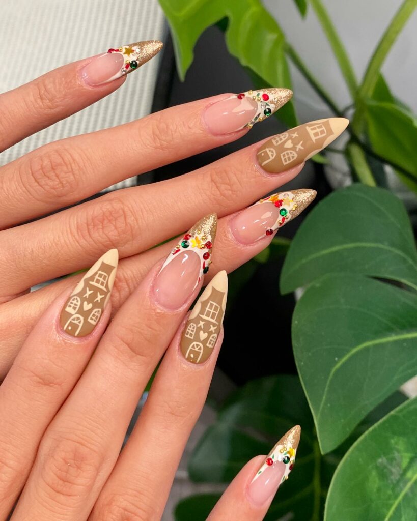 Get Festive with 20 Stiletto Christmas Nail Ideas in 2024 28 Ginger Bread Inspired Stiletto Christmas Nails