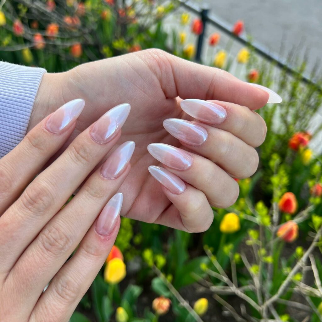 20 Latest Hailey Bieber-Inspired Glazed Donut Nail Ideas To Try In 2024! 27 Clear Almond Glazed Donut Nails