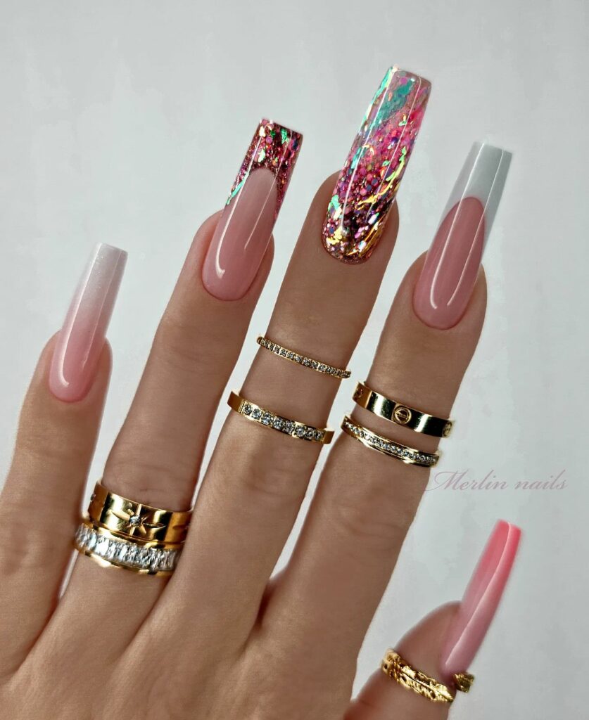 29 Latest Long Square Acrylic Nail Designs To Try In 2024! 12 Iridescent Nail Art Paired with Gold Jewelry