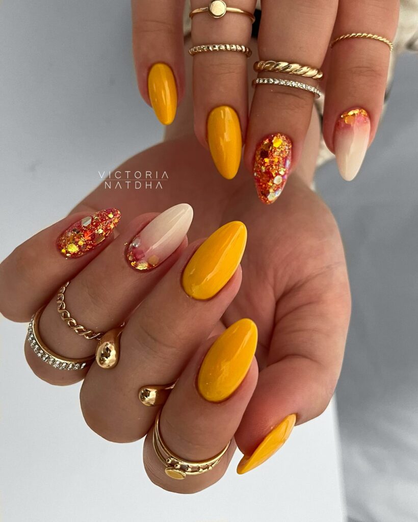 50 Latest February Yellow Nail Designs To Try in 2024! 14 Glitter Accents and Bold Yellow Nails
