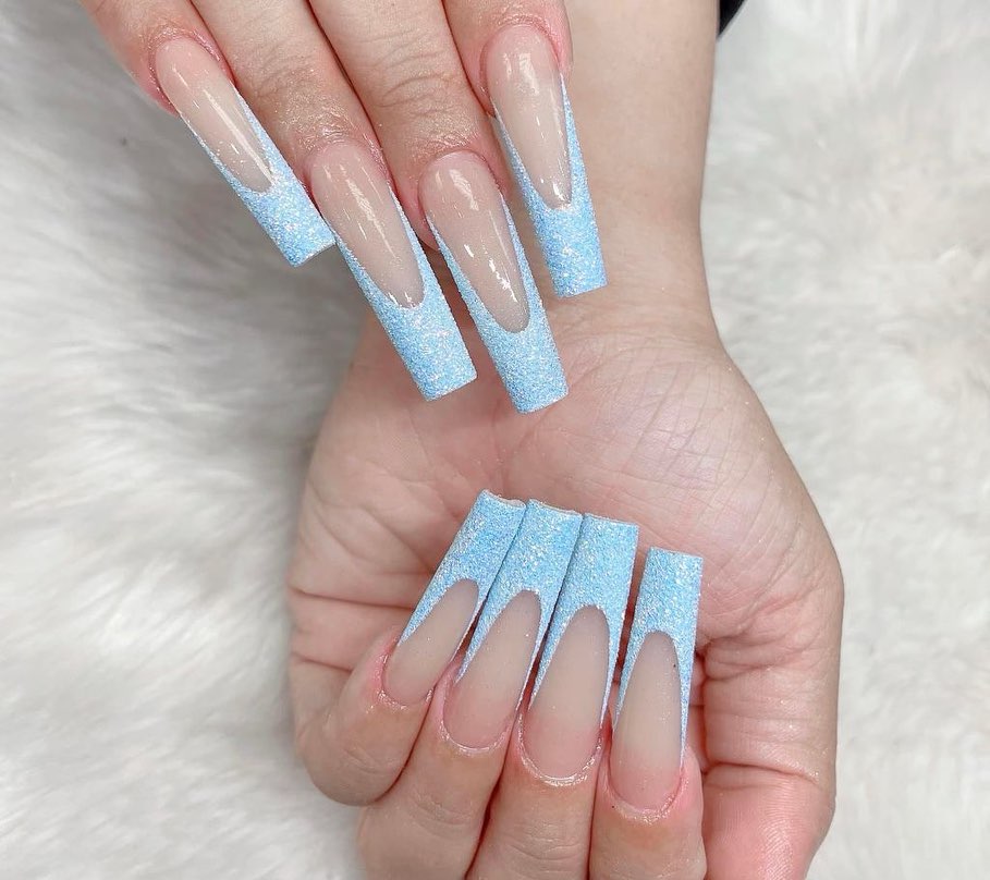 29 Latest Long Square Acrylic Nail Designs To Try In 2024! 13 Shimmering Blue Tips on Square Acrylic Nails