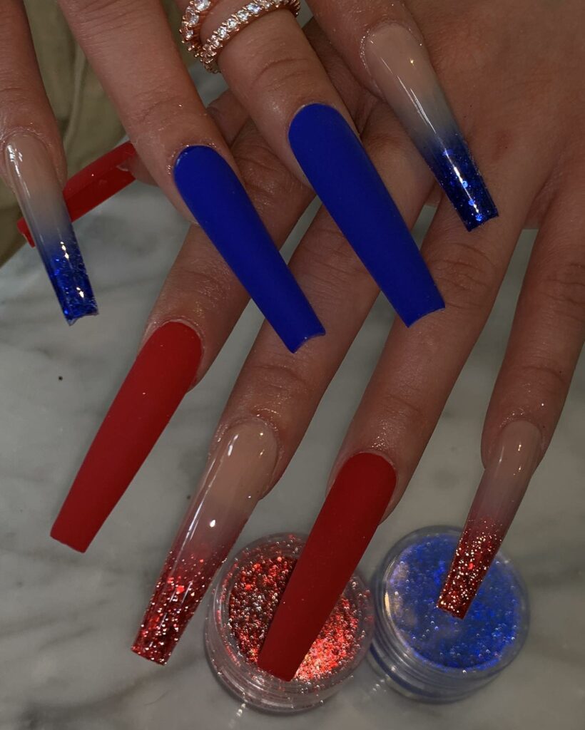 Explore 34 Red Acrylic Nail Designs To Try in 2024 14 Glitter Blue and Red Acrylic Nails