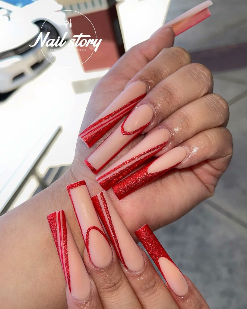 Explore 34 Red Acrylic Nail Designs To Try in 2024 16 Glitter French Red Acrylic Nails