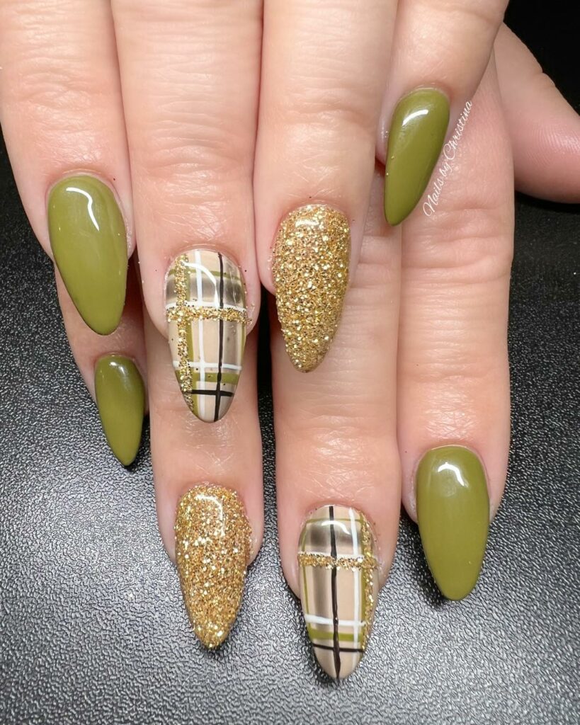Explore 44 Olive Green Nail Designs in 2024 29 Glitter-Infused Olive Green Nails