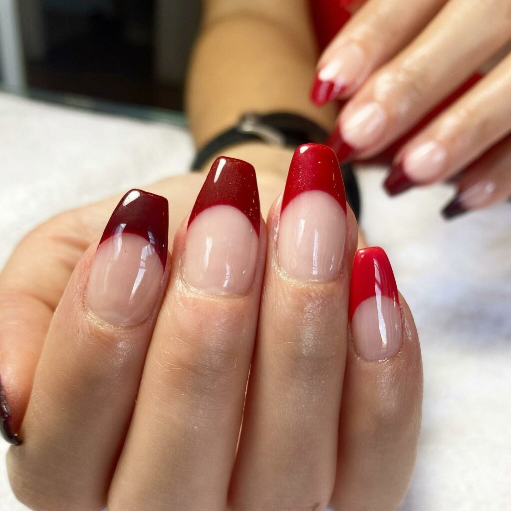Explore 40 Red French Tip Nail Designs for 2024 15 Glitter Ombré red french nails
