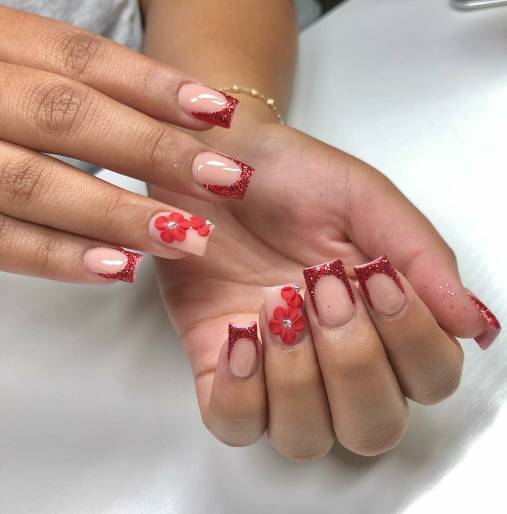 Explore 34 Red Acrylic Nail Designs To Try in 2024 23 Glitter Red French Acrylic Nails
