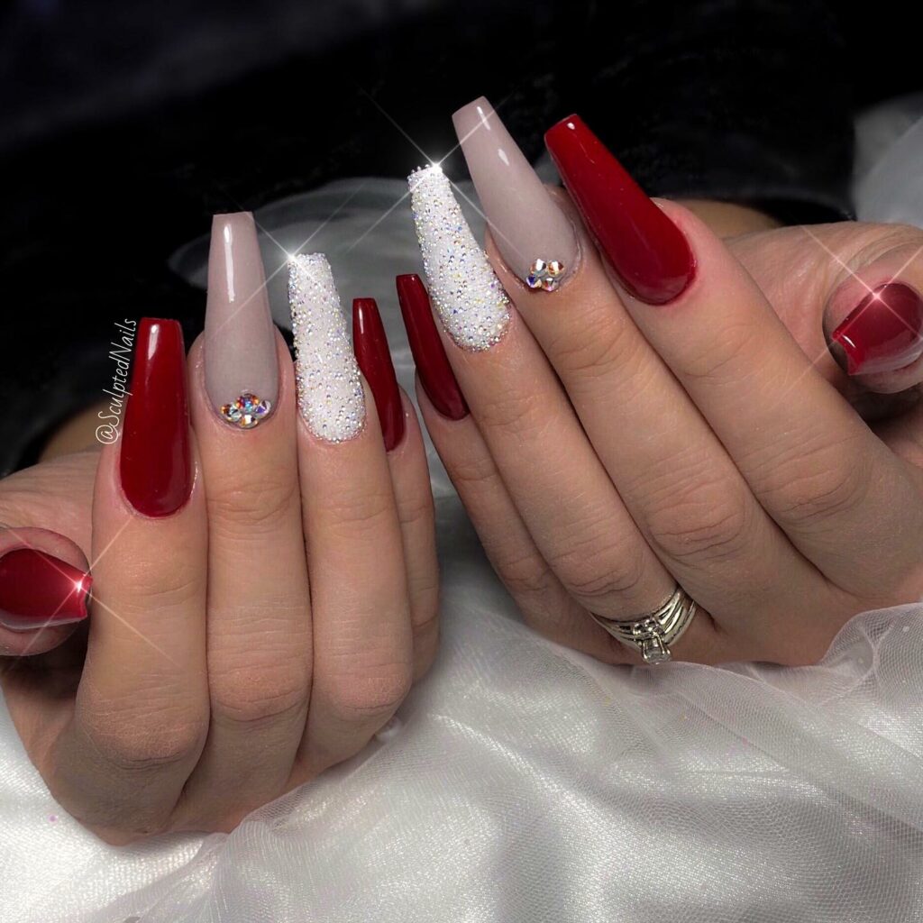 Go Bold with 40 Red Coffin Nail Designs in 2024 26 Glitter-Infused Red and White Nails