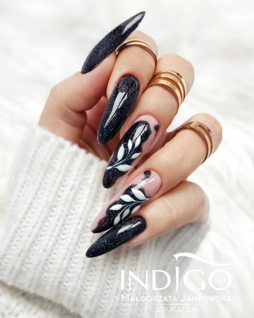 Keep it Classic with 20 Black and White Christmas Nails in 2024 21 Glittery Black Christmas Nails with Florals