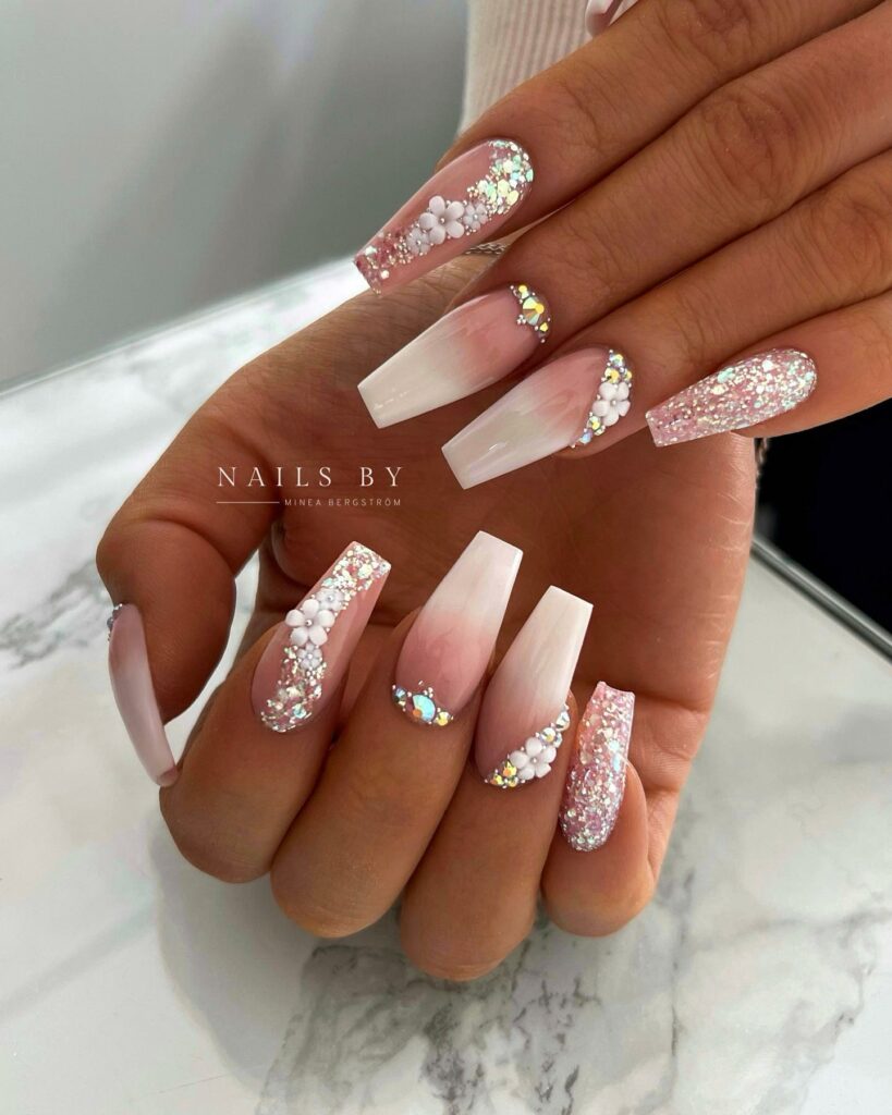 Deck the Halls with 30 White Christmas Nail Ideas in 2024 20 Glittery Coffin White Christmas Nails with Gems