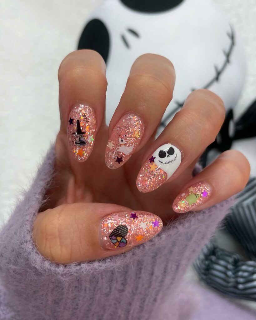 Immerse in Magic with 33 Disney Christmas Nail Ideas in 2024 37 Glittery Nightmare Before Christmas Stiletto Disney Nails