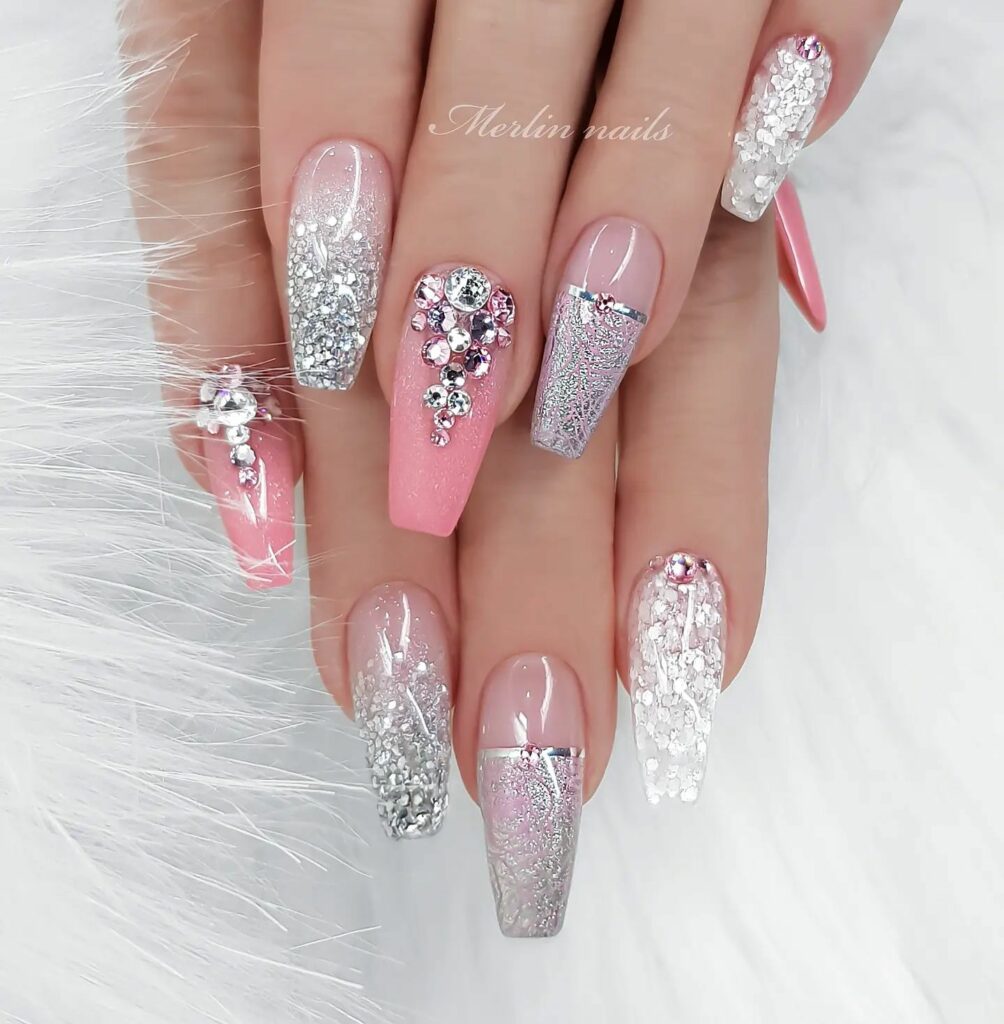 Celebrate with 30 Christmas Coffin Nail Ideas in 2024 36 Glittery Pink Christmas Coffin Nails