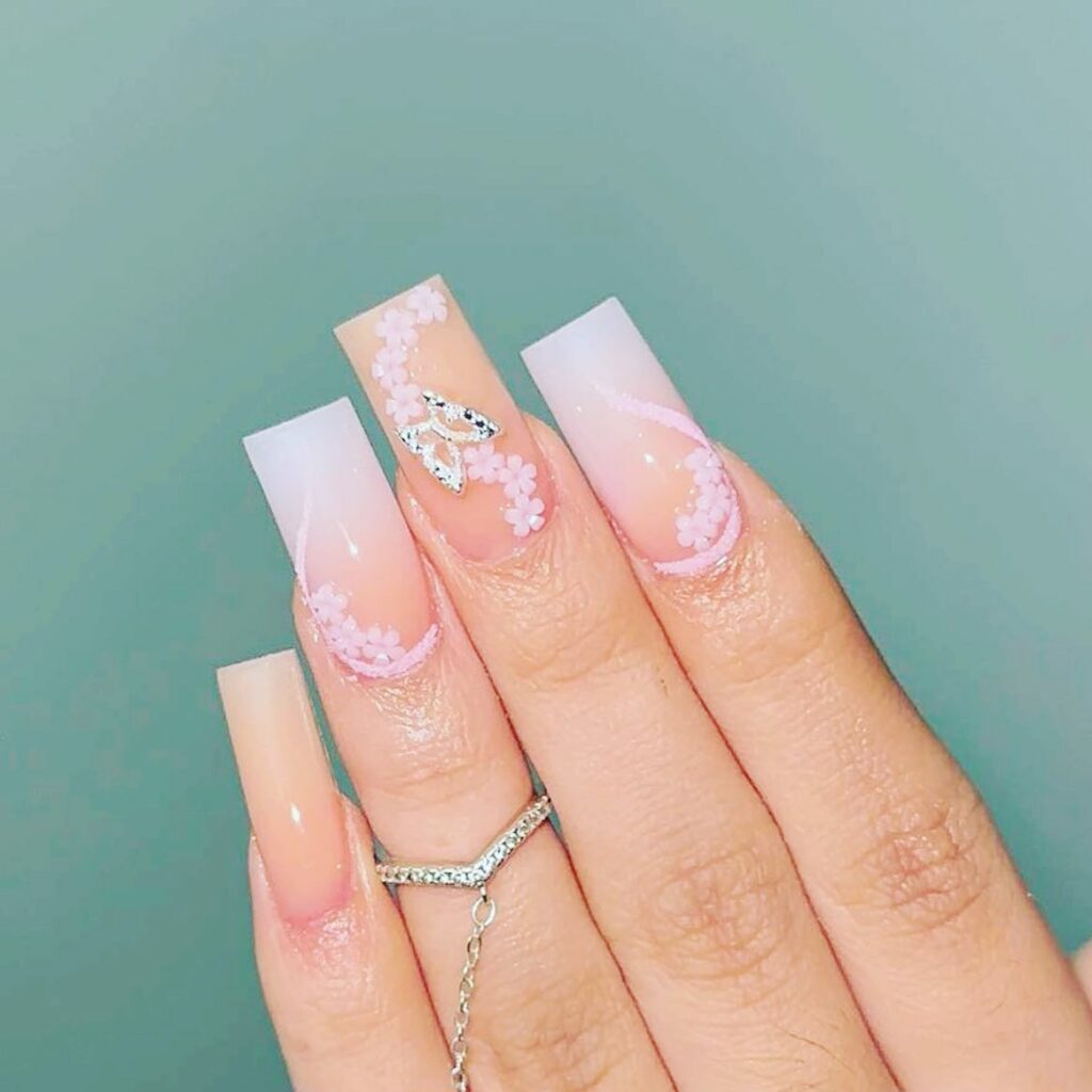 Charming Pink and White Ombre Nail Ideas for 2024 💗 11 Glitzy Coffin Nail
