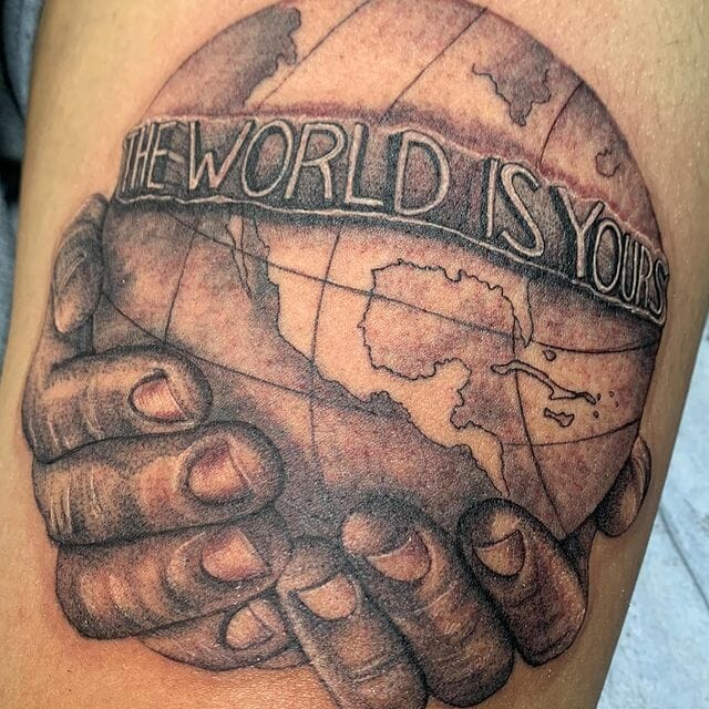 19+ Scarface The World Is Yours Tattoo Ideas That Will Blow Your Mind! 29 Globe on Hand Tattoo