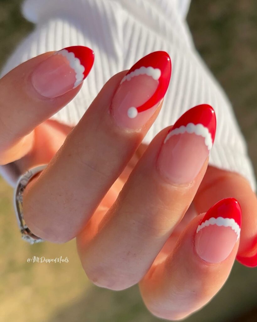 Spread Joy with 20 Santa Hat Nail Designs in 2024 27 Glossy Almond Santa Hat Nails