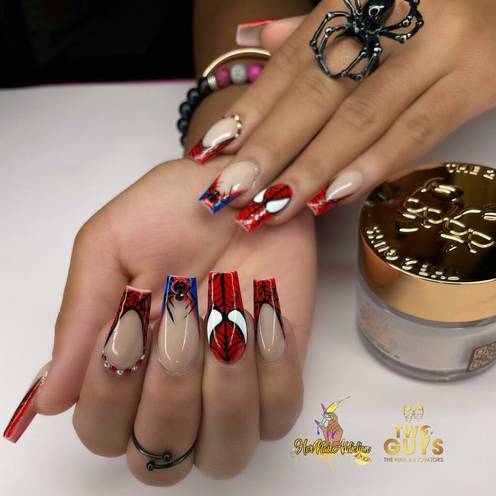 35 Amazing Spiderman Nail Designs To Try In 2024! 22 Glossy Coffin Spiderman Nail Art