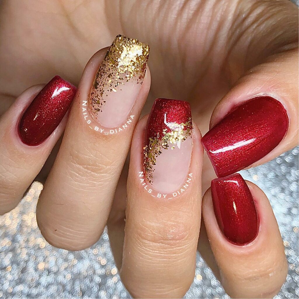 Shine Bright with 30 Red and Gold Christmas Nail Ideas in 2024 30 Glossy Square Burgundy Nails with Gold Foils
