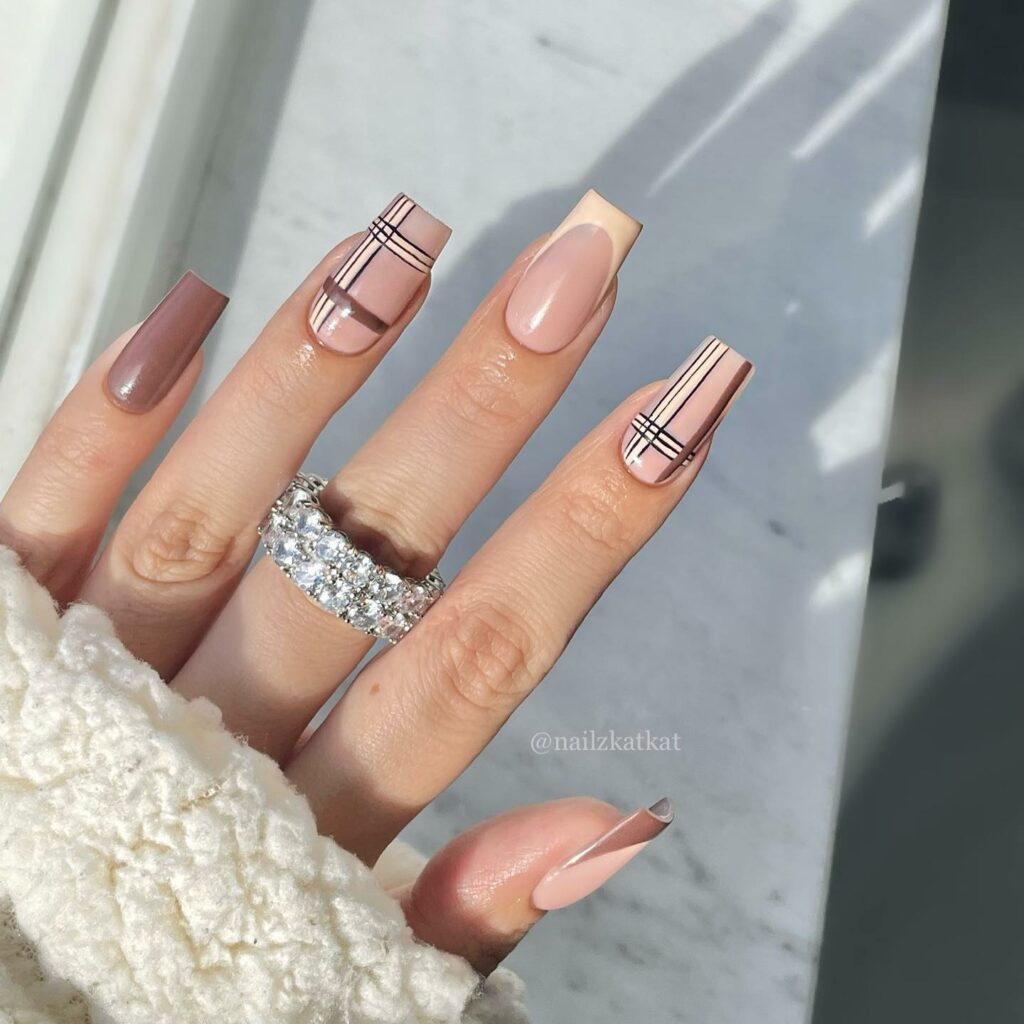 Bring Warmth with 20 Light Brown Nail Ideas in 2024 28 Plaid Accents on Light Brown Nails