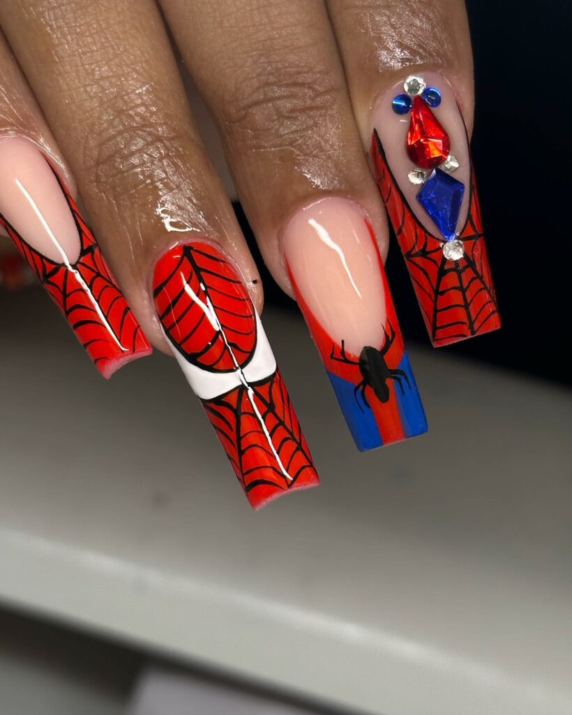 35 Amazing Spiderman Nail Designs To Try In 2024! 18 Glossy Square Spiderman Nails