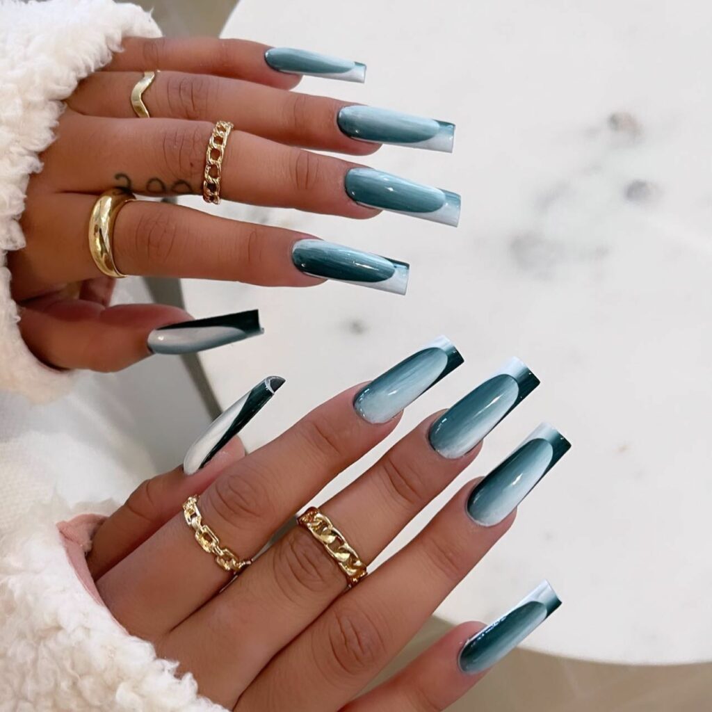 29 Latest Long Square Acrylic Nail Designs To Try In 2024! 11 Glossy Teal Nails with Gradient Tips