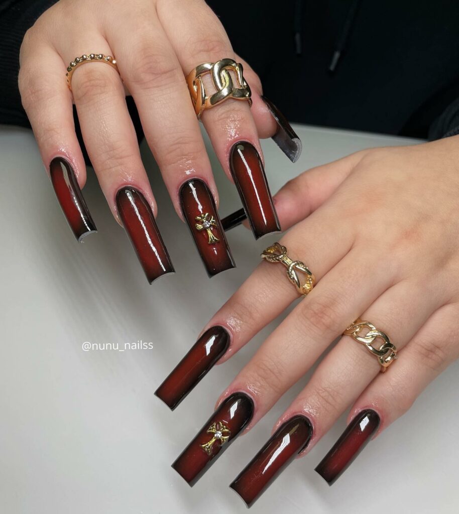 25 Latest Burgundy And Gold Nail Ideas To Try In 2024! 22 Gold Cross on Burgundy Nails