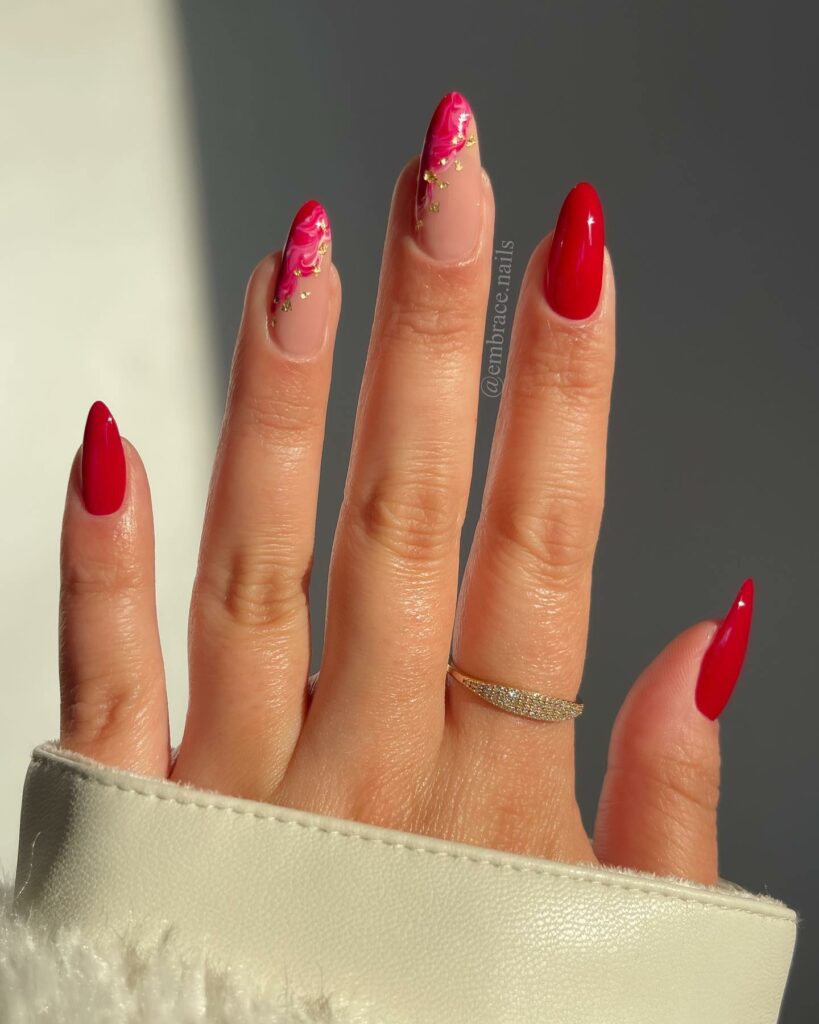 34 Latest Red and Gold Nail Designs To Try In 2024! 10 Gold Foil Highlights on Luscious Red Nails