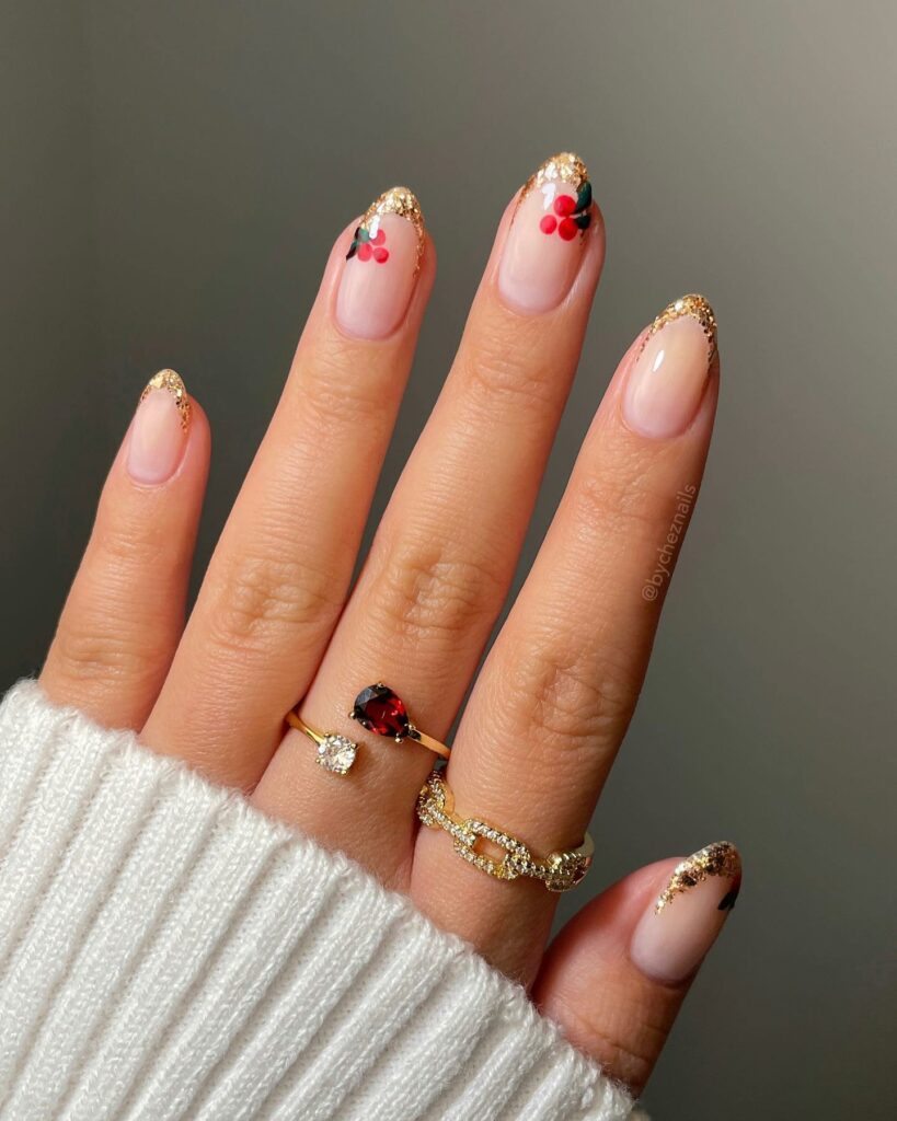Sparkle and Shine with 33 Glitter Christmas Nail Ideas in 2024 25 Gold Glitter Christmas Nails with Cherries
