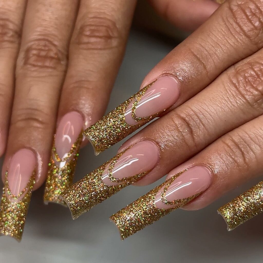 55 Latest Gold French Tip Nail Ideas To Try In 2024! 54 Gold Glitter French Nails