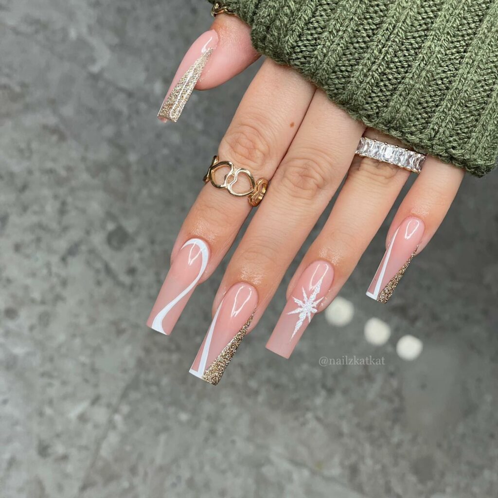 44 Latest Snowflake Nail Ideas To Try In 2024! 22 Golden Radiance with Snowflake Highlights