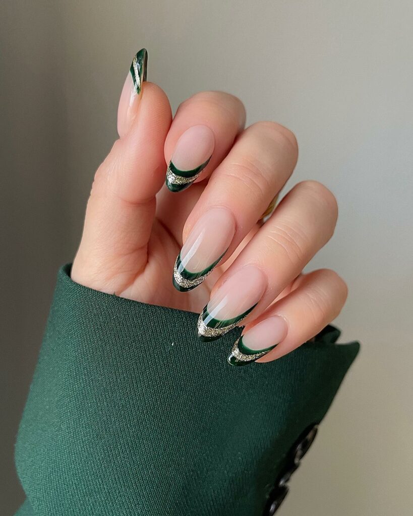 Feel Festive with 30 Christmas Almond Nail Ideas in 2024 11 Gold Accented Green Tips Christmas Nails