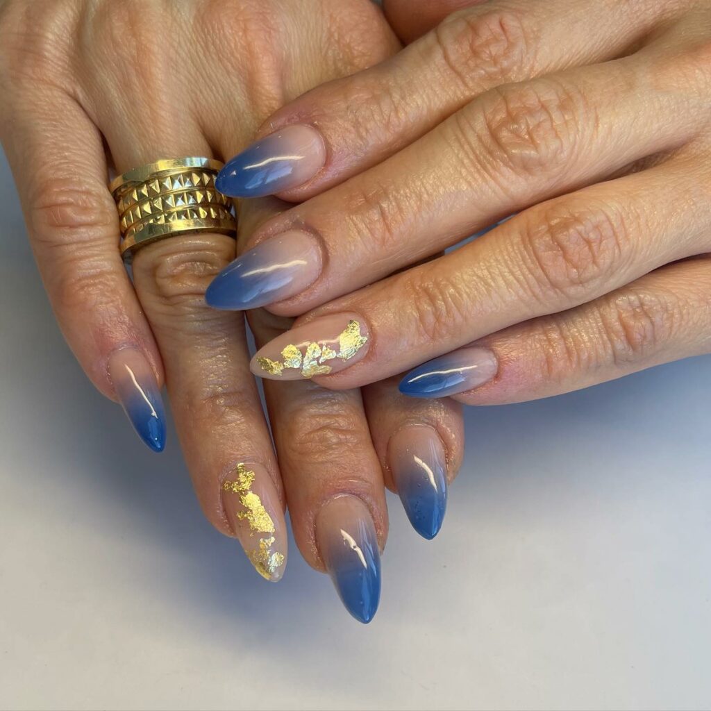 Experiment with 30 Stunning Blue Ombré Nails for 2024 39 Gold blue ombre nails