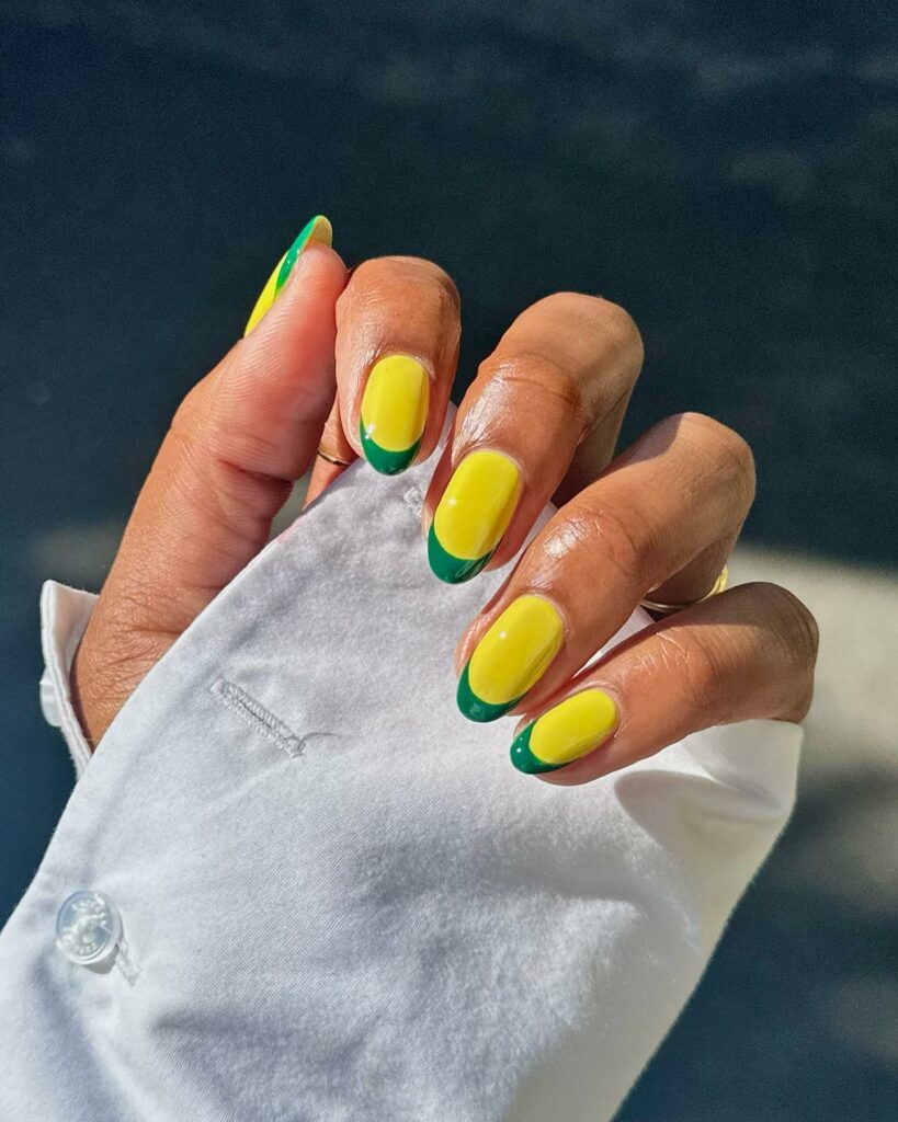 Try in 2024: 50 Latest Neon Green Nail Designs 29 Gold neon green french nails