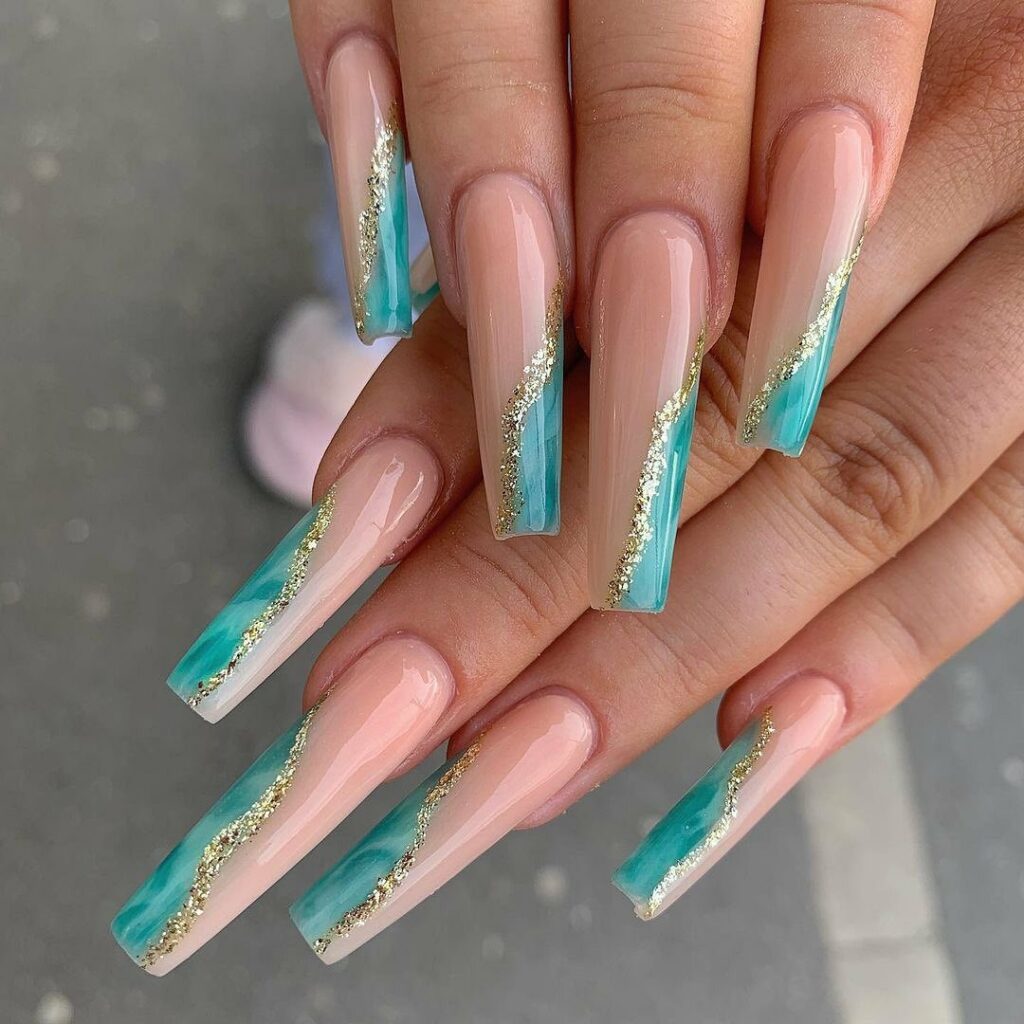 37 Latest Teal Nail Designs To Try In 2024! 22 Gold Teal Nails