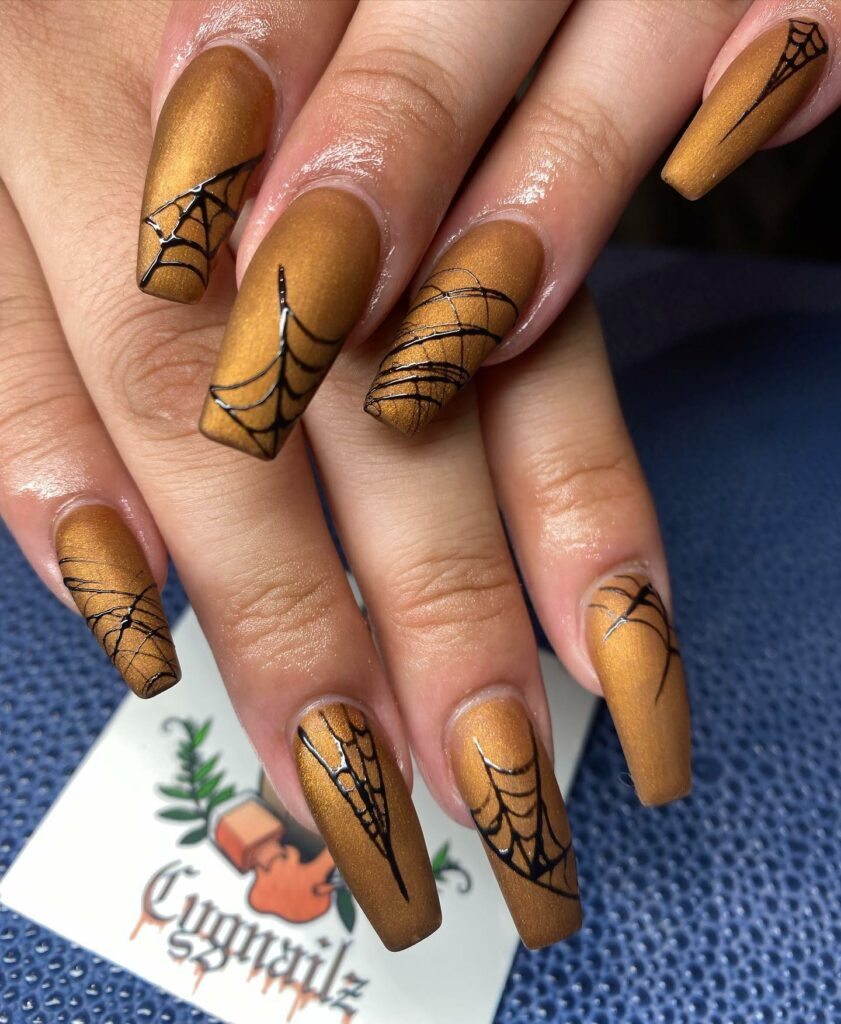55 Latest Spider Web Nail Designs To Try In 2024! 52 Golden spider web nails