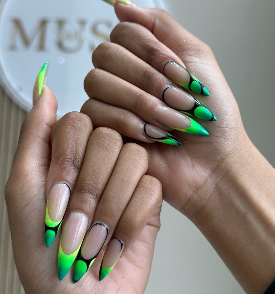 Try in 2024: 50 Latest Neon Green Nail Designs 38 Graffiti neon green french nails