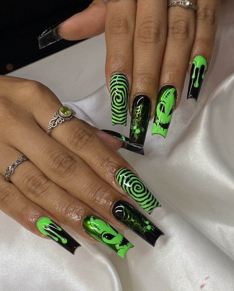 30 Latest Nightmare Before Christmas Nails Ideas! 17 Green Acrylic Nightmare Before Christmas Nails