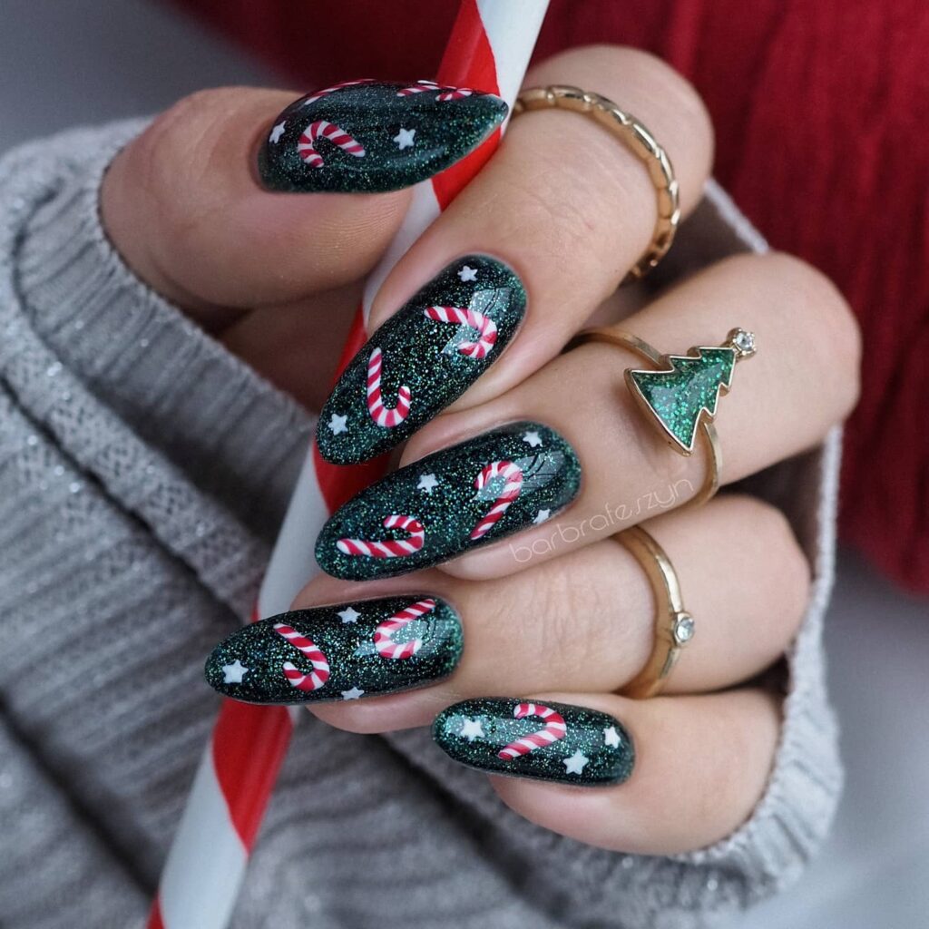 Sparkle and Shine with 33 Glitter Christmas Nail Ideas in 2024 28 Red Candy Canes on Green Glitter Christmas Nails