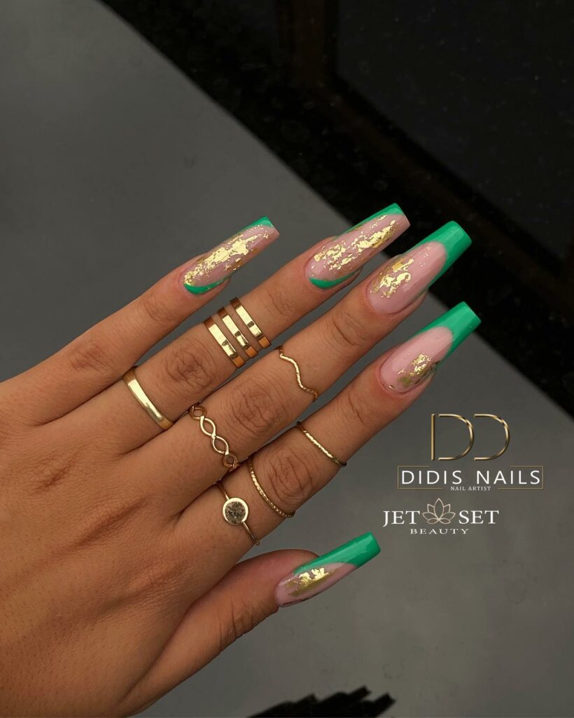 Try 50 Coffin French Tip Nail Designs in 2024 24 Green French Coffin Nails Adorned with Gold Foil