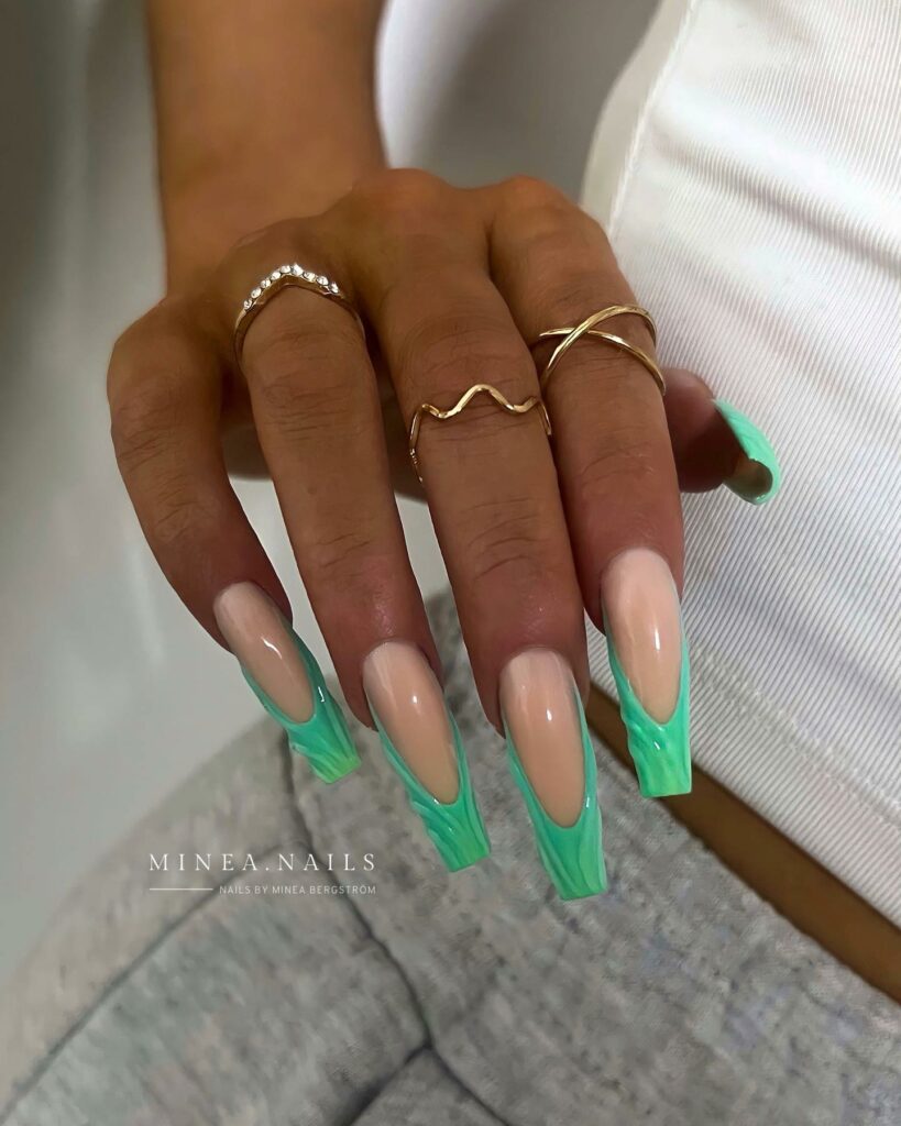 30 Latest Long French Tip Nail Ideas To Try In 2024! 55 Green Gradient Long French Nails