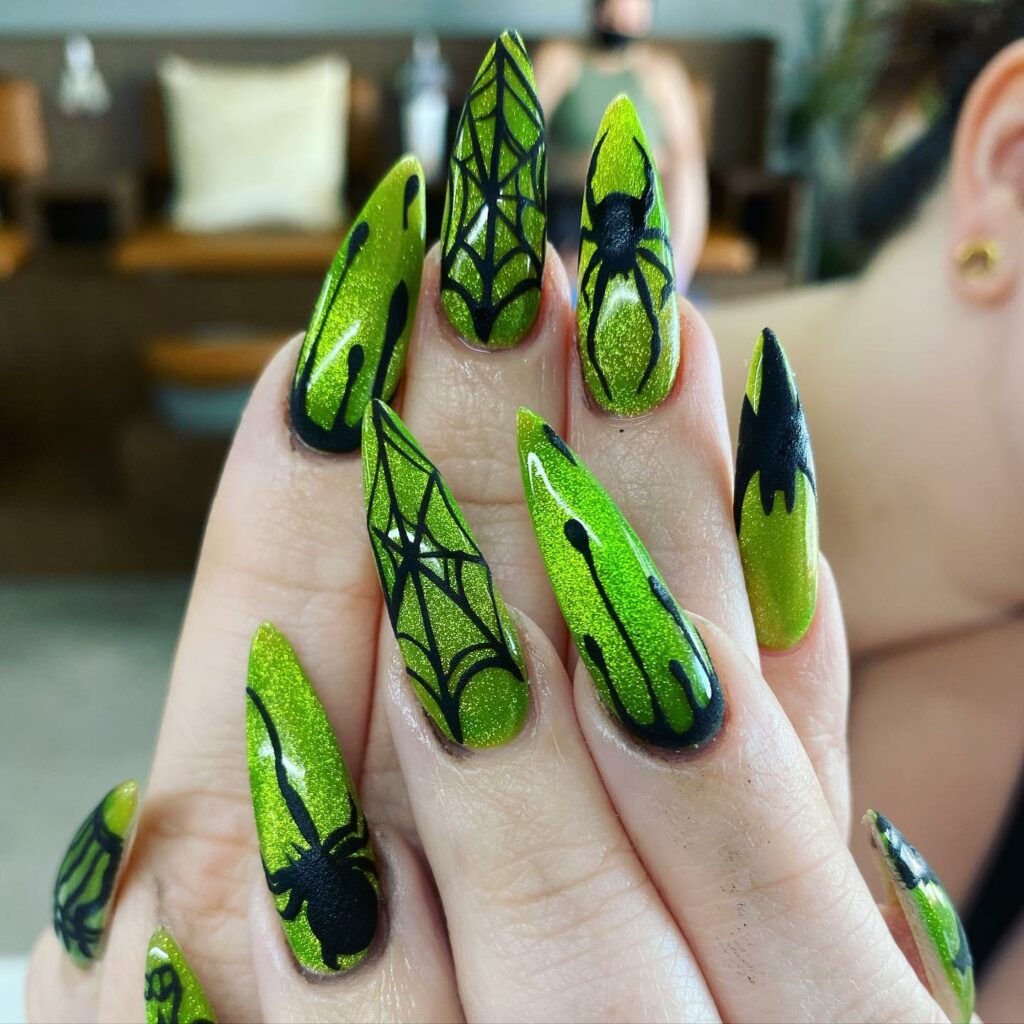 55 Latest Spider Web Nail Designs To Try In 2024! 58 Green spider web nails