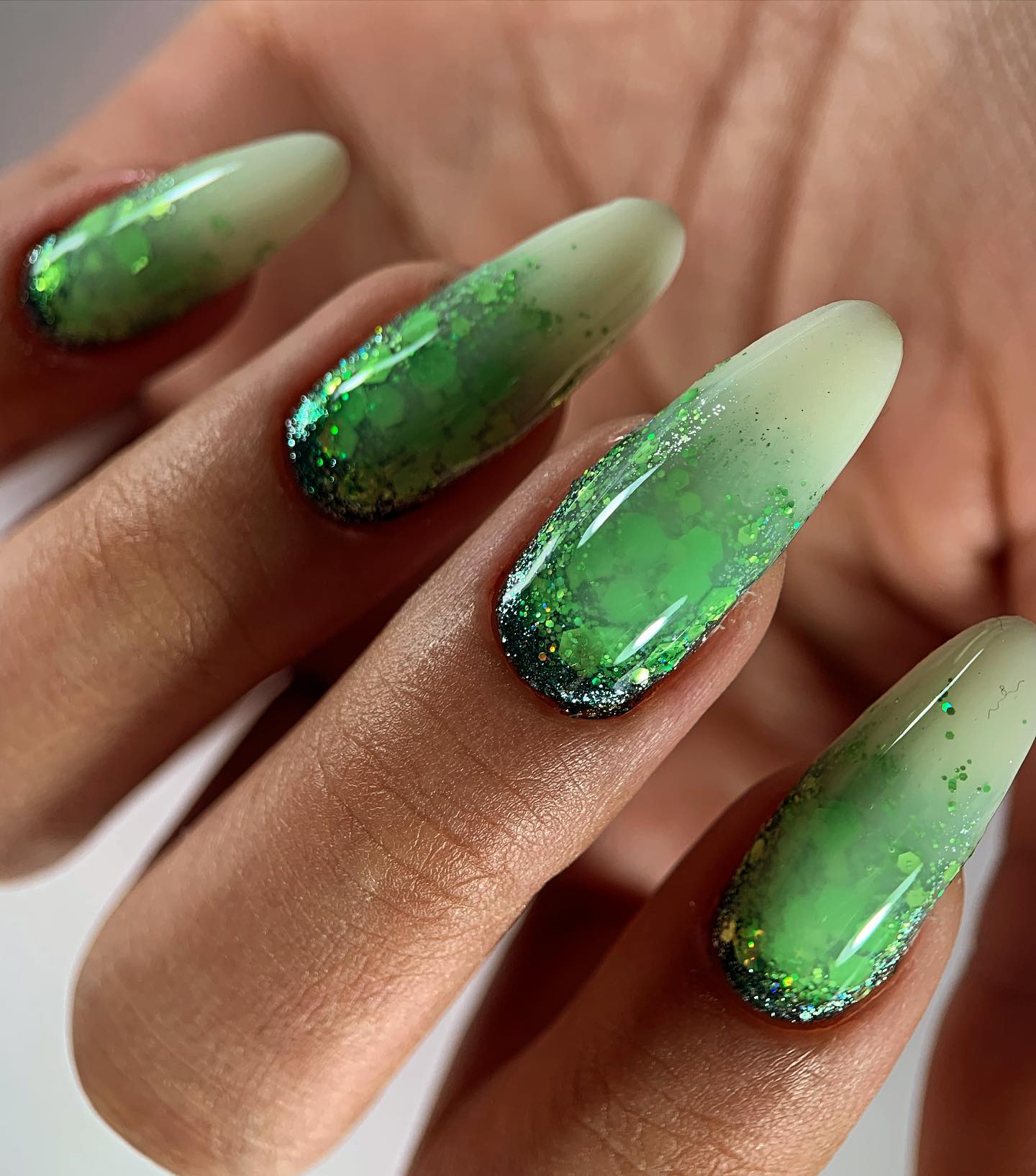 20 Latest Green Nail Designs To Try Today ✨ 24 Green Gradient Glitter Stiletto Nail Art