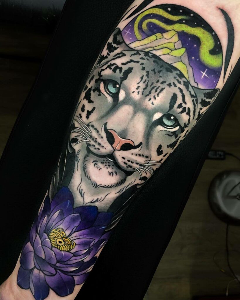 12+ Best Snow Leopard Tattoo Ideas To Inspire You! 19 Grey Shading And colorful Snow Leopard Tattoo