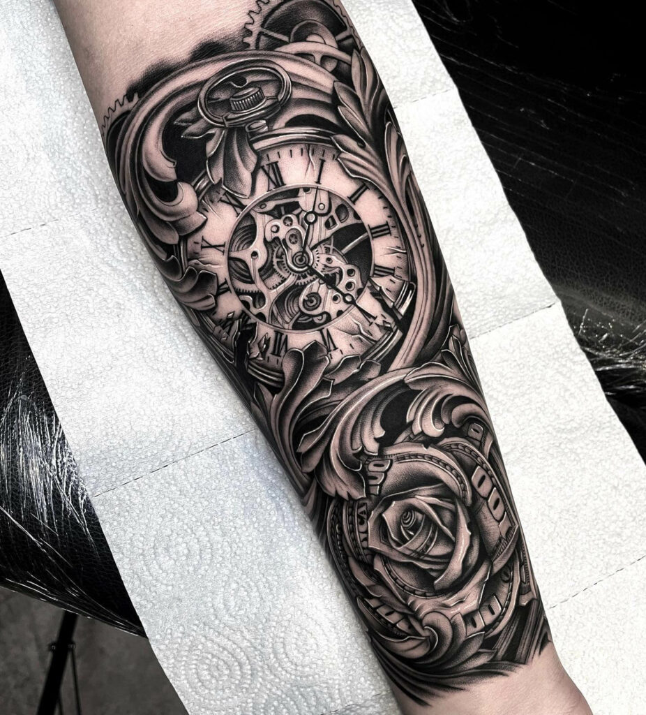 11+ Money Flower Tattoo Ideas That Will Blow Your Mind! 11 Greyscale Money Rose Tattoo Arm Sleeve Design