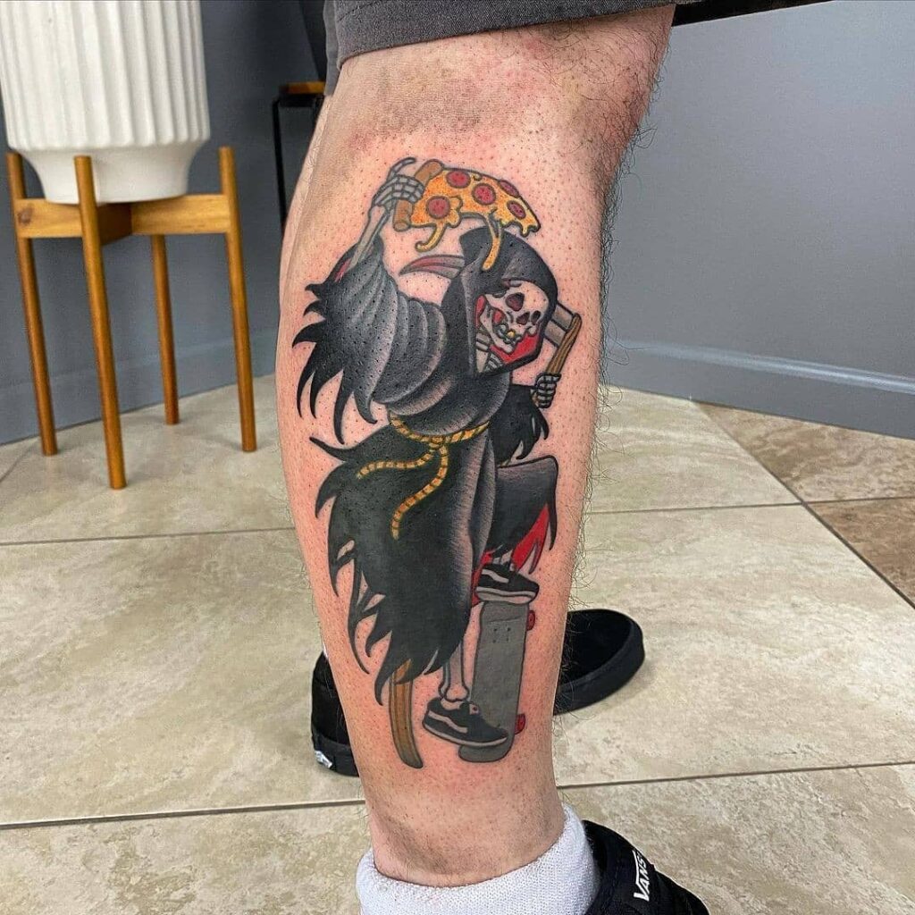 11+ Pizza Tattoo Ideas You Have To See To Believe! 16 Grim Reaper Skating With A Pizza Tattoo
