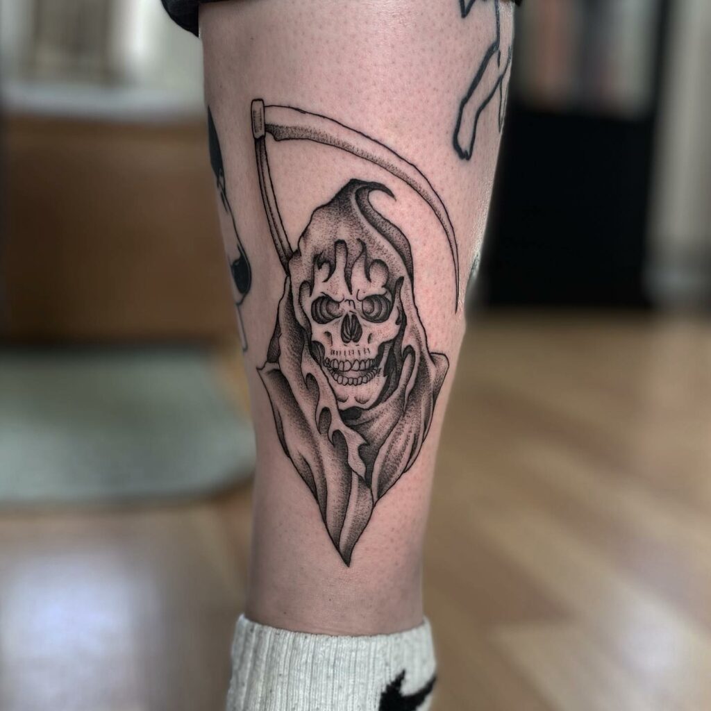 11+ Small Shin Tattoo Ideas That Will Blow Your Mind! 12 Grim Reaper Small Shin Tattoos For Men