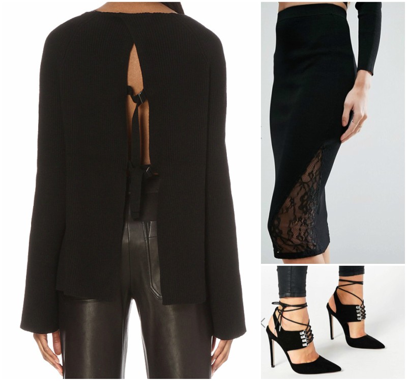10 Best Backless Sweaters and How to Style Them 18 Open-back cotton and cashmere-blend jumper - £330 / River Island Lace Knitted Pencil Skirt - £32 / ASOS PATROL Lace Up Pointed Heels - £42
