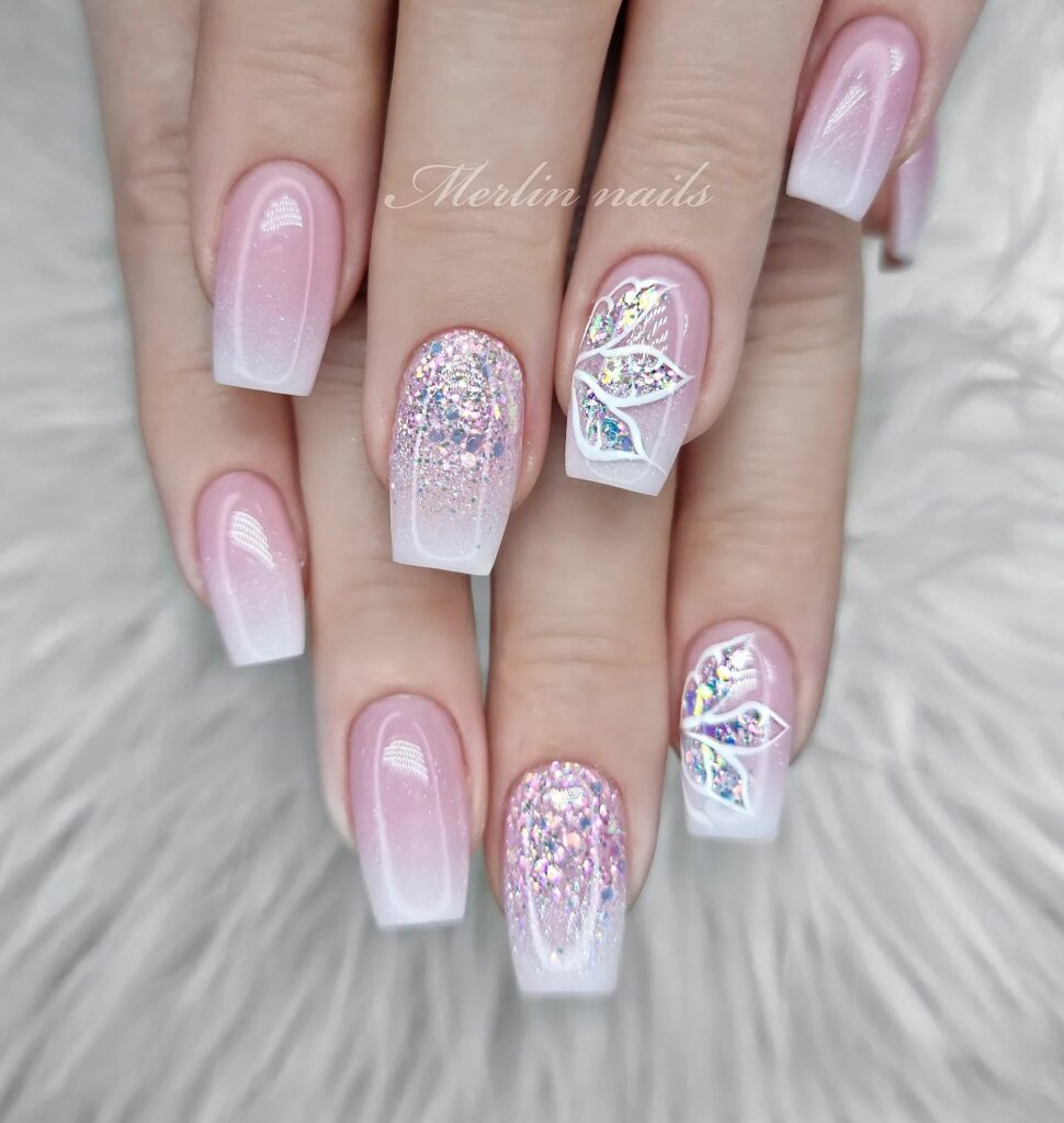 59 White Glitter Nail Designs To Try In 2024! 56 Half Butterfly Wings and Frenchies